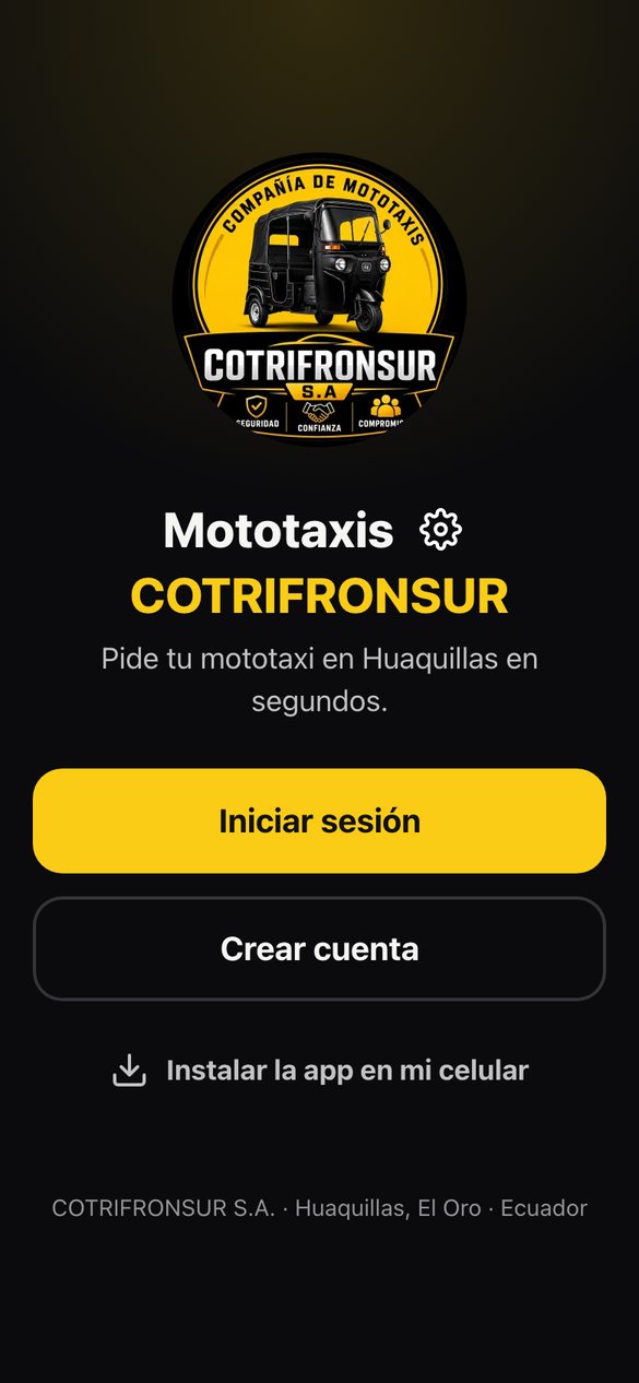 Pantalla de inicio de la app de COTRIFRONSUR en un celular